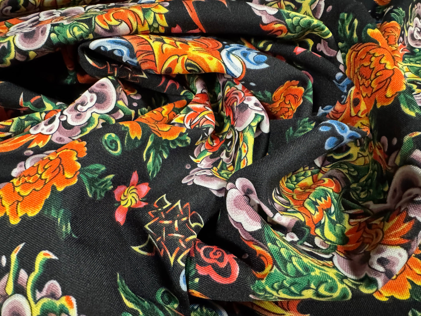 Panama woven fashion fabric, per metre - The Carp & The Dragon Gate print - multicolour