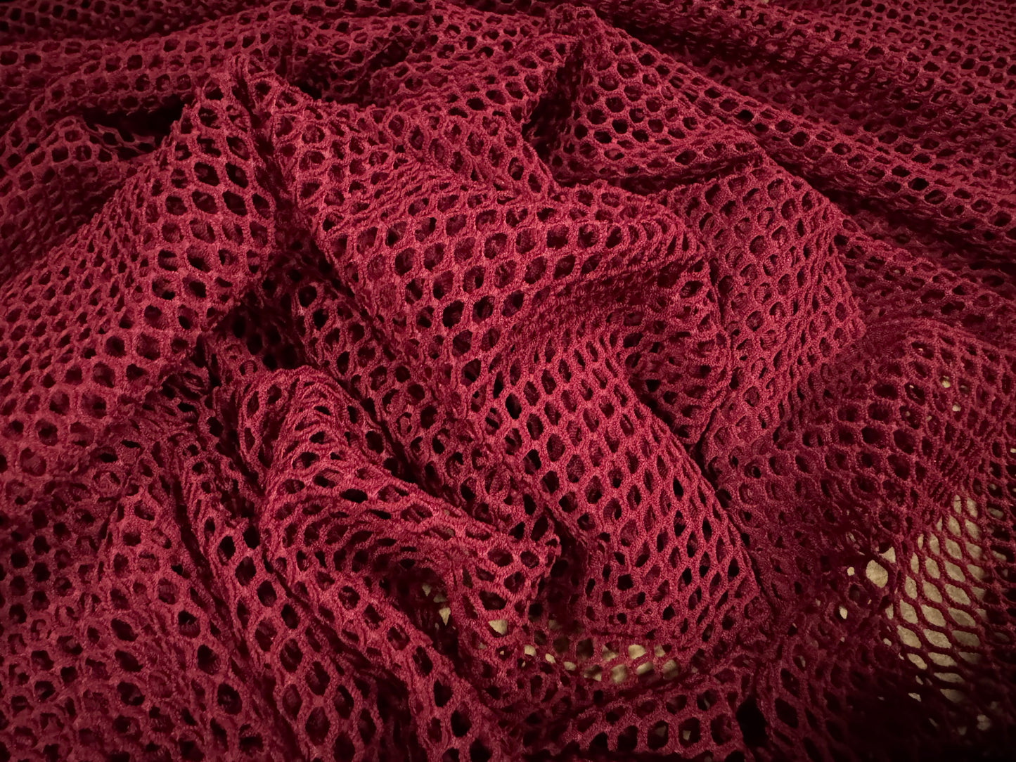 Fishnet stretch spandex mesh jersey fabric, per metre - burgundy