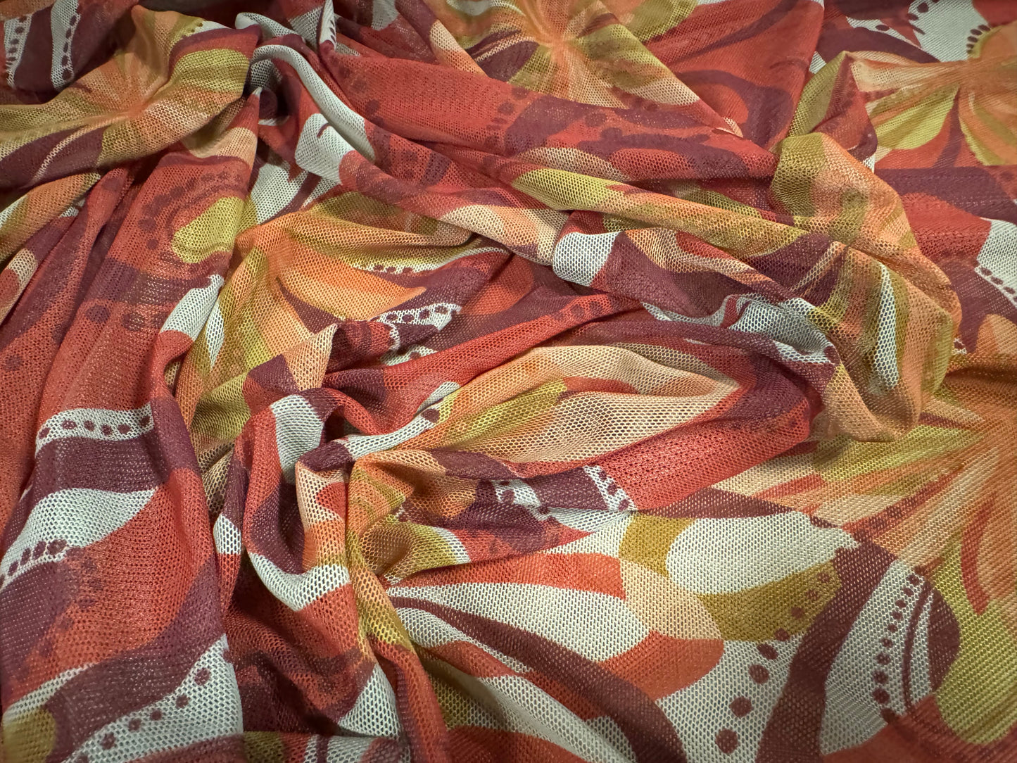 Power mesh net stretch spandex fabric, per metre - retro floral print - burnt orange