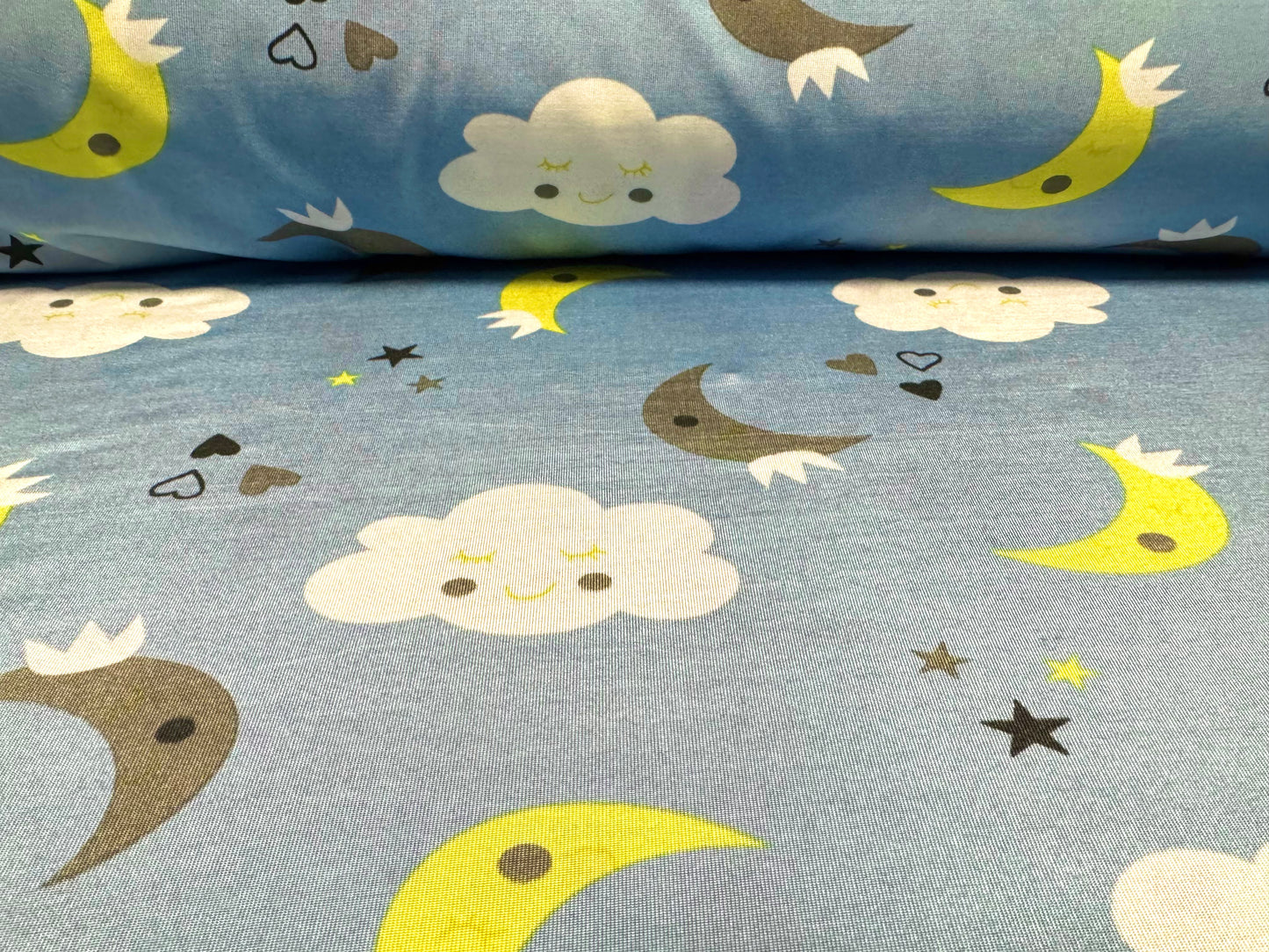 Stretch spandex single jersey fabric, per metre - Lullaby print - blue