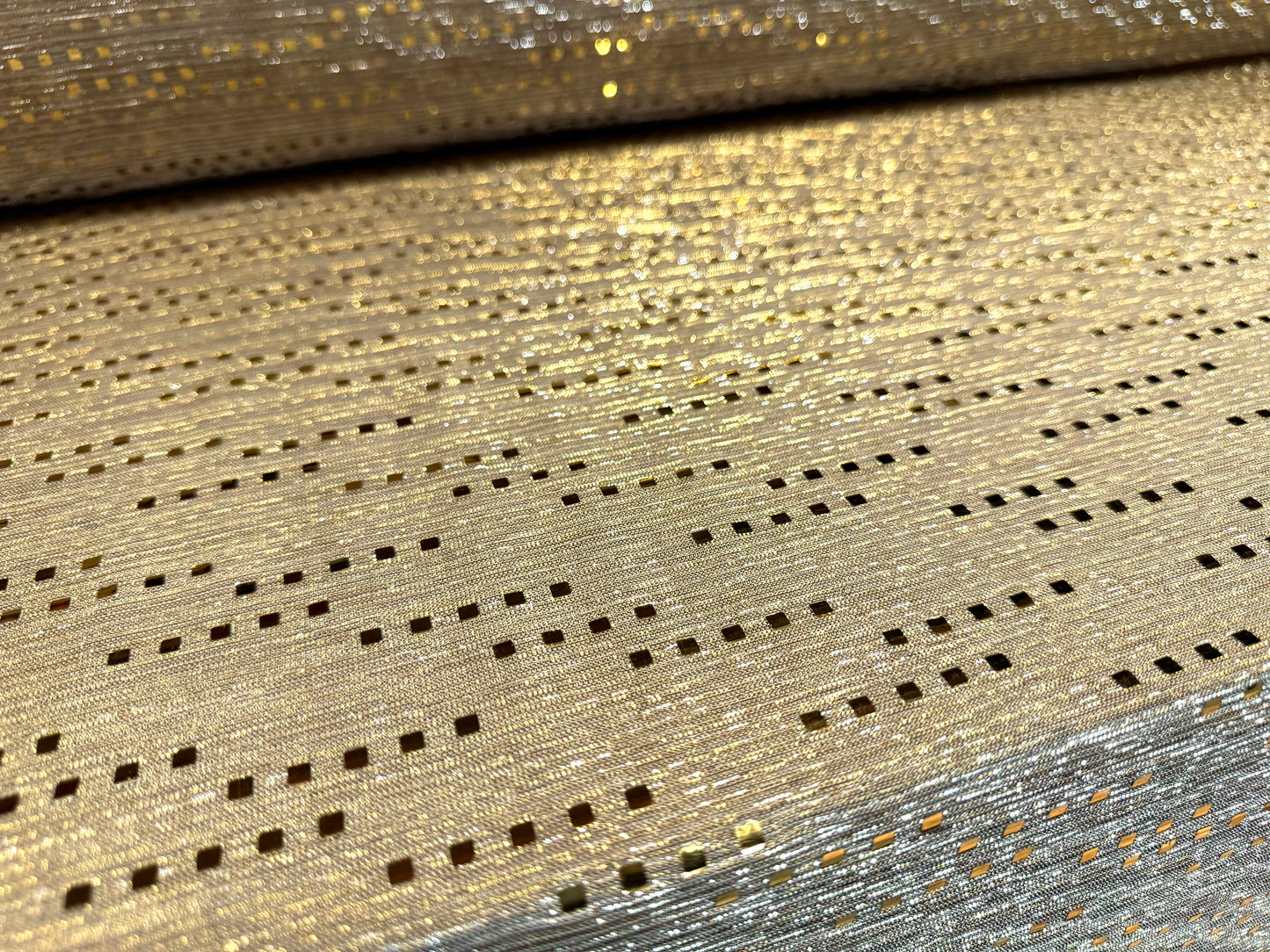 Metallic spangle mesh fabric, per metre - geometric design - gold & beige