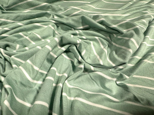 Viscose spandex stretch single jersey fabric, per metre - stripes - wild sage & white