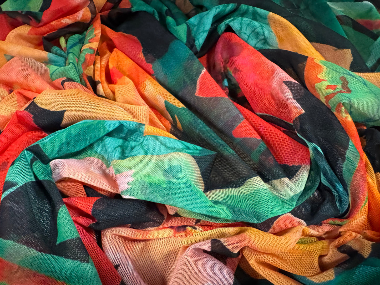 Power mesh net stretch spandex fabric, per metre - tropical flower print - black orange & green