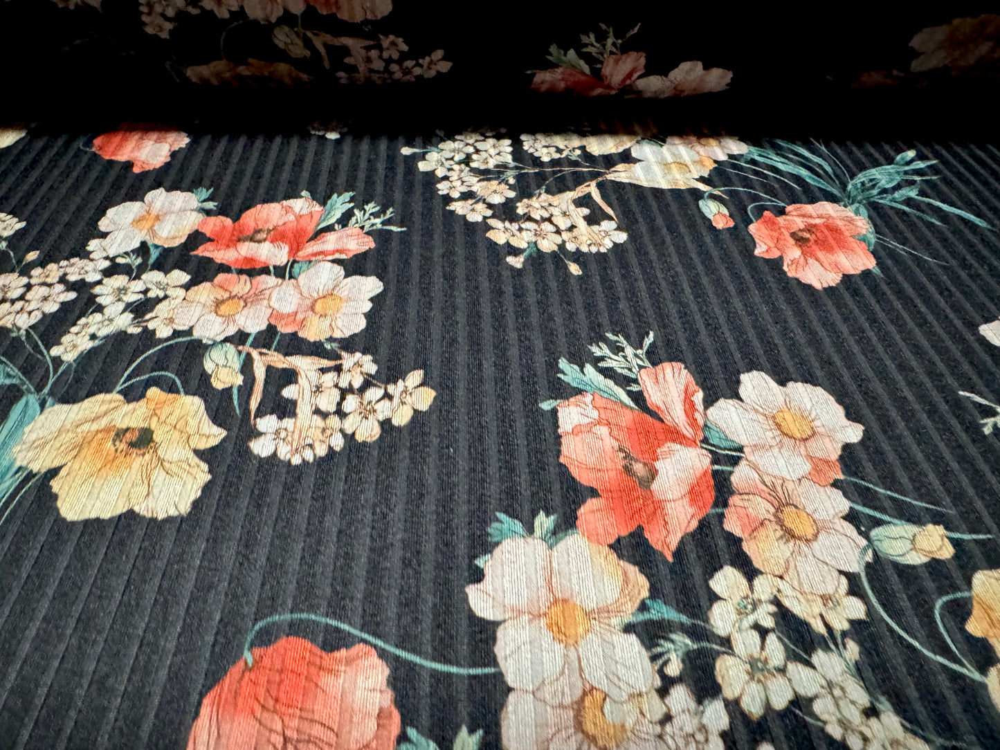 Stretch spandex rib jersey fabric, per metre - flower bouquet print - black pink & yellow