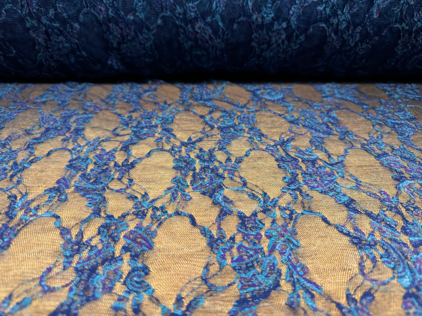 Stretch spandex mesh lace fabric, per metre - paisley print - blue & pink