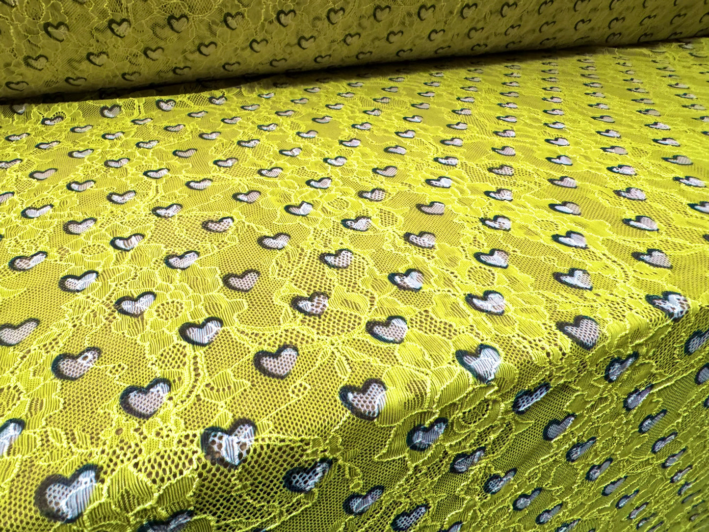 Stretch spandex lace fabric, per metre - love hearts print - lemon