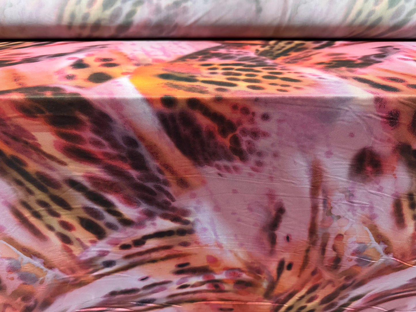 Power mesh net stretch spandex fabric, per metre - butterfly wings print - pink