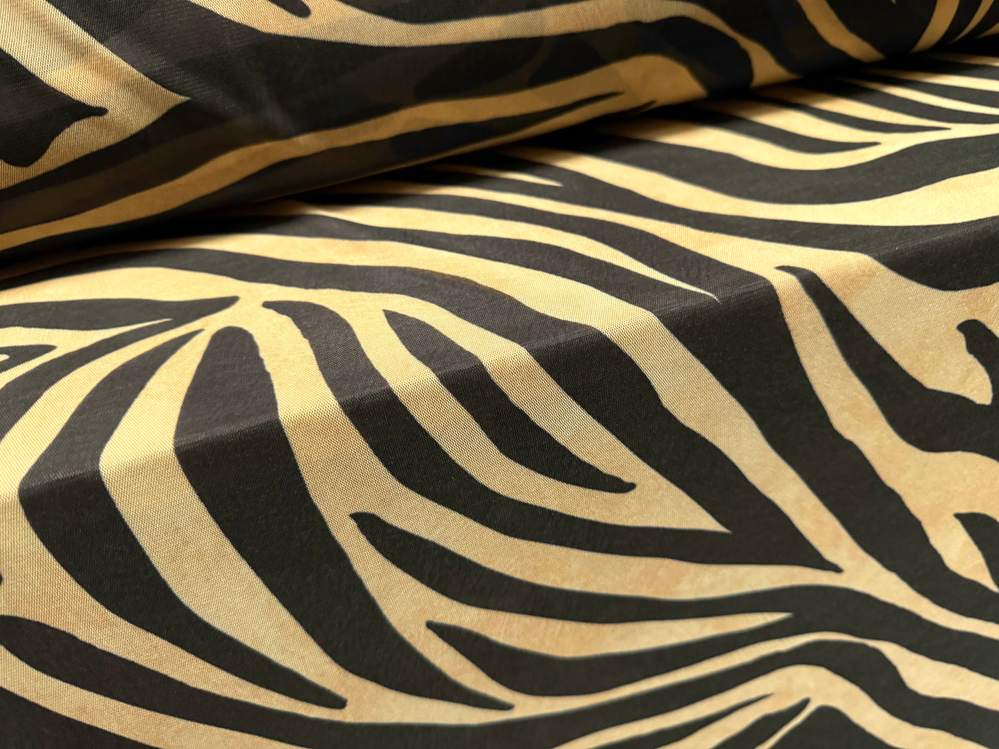 Power mesh crepe stretch spandex fabric, per metre - zebra animal print - yellow cream