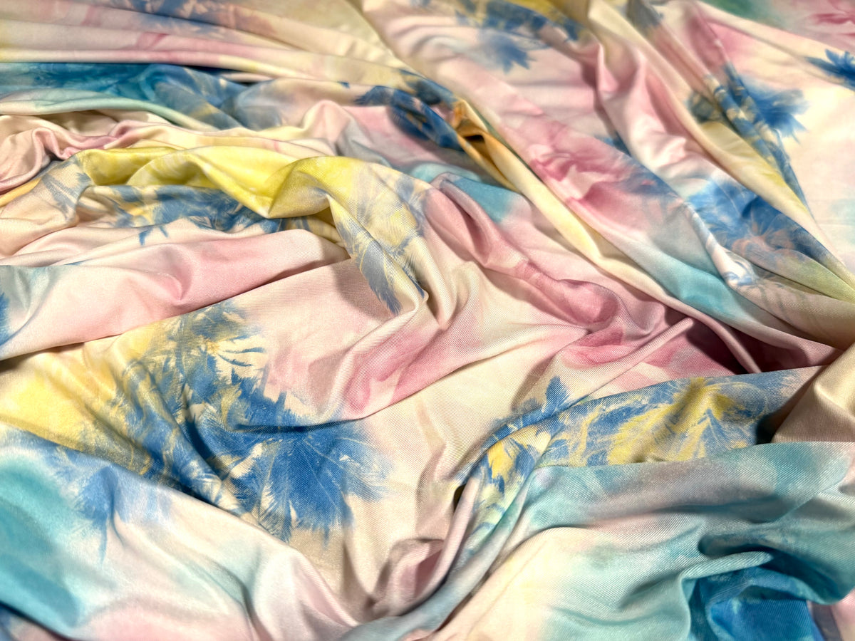 Soft touch stretch spandex jersey fabric, per metre - Hawaiian palm trees print - pastels