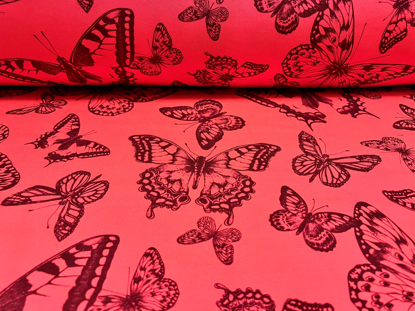 Double jersey stretch spandex dress fabric, per metre - butterflies print - fluorescent pinjk