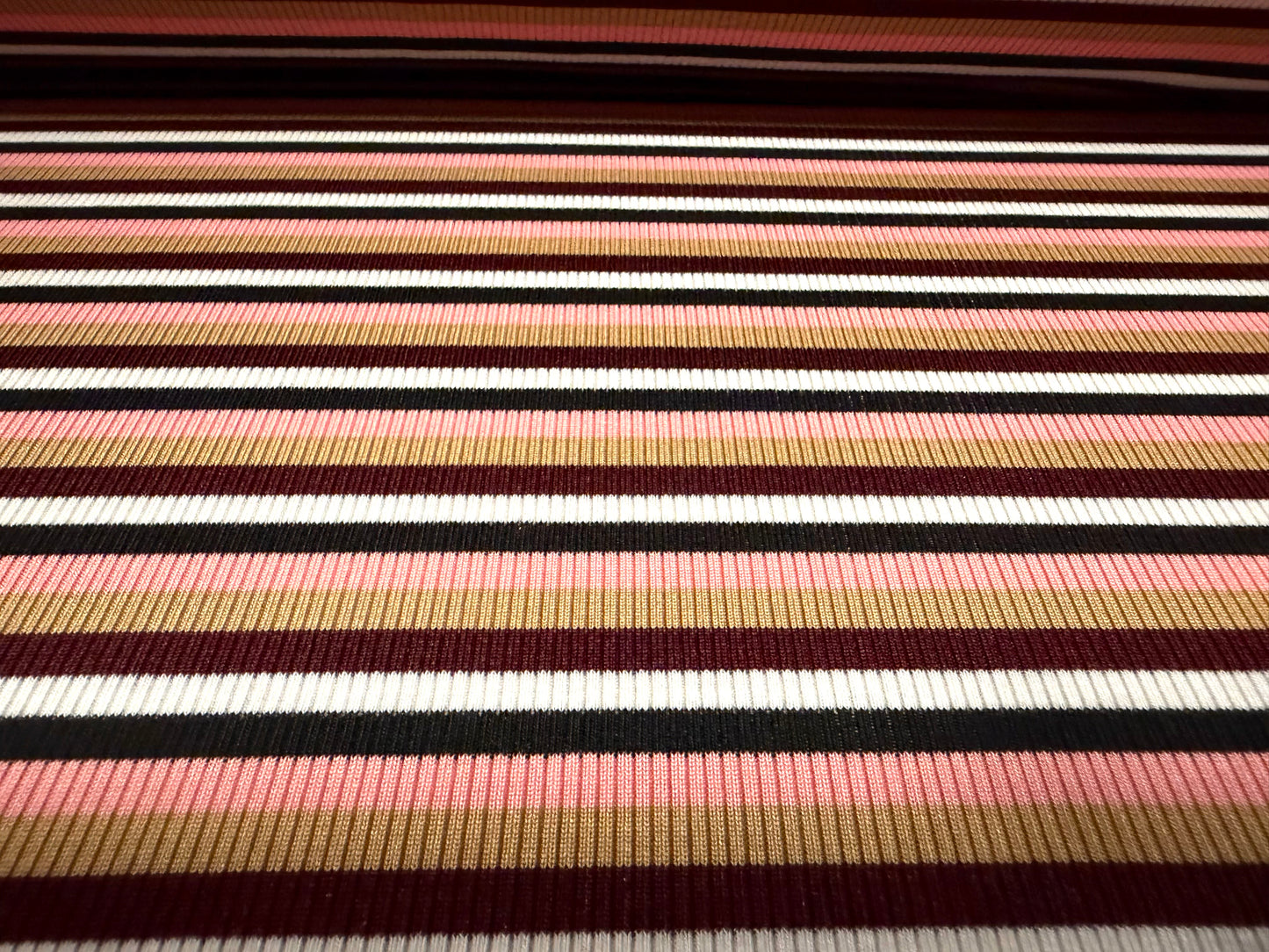 Stretch Spandex rib jersey fabric, per metre - stripe - burgundy pink & tan