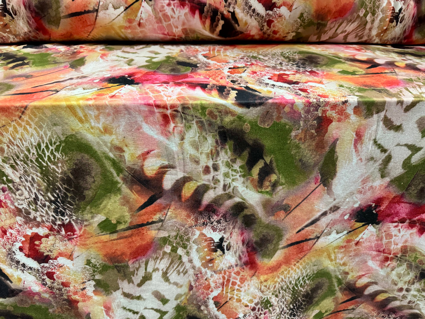 French Terry loopback sweatshirt jersey fabric, per metre - feathers and animal print - pink & green
