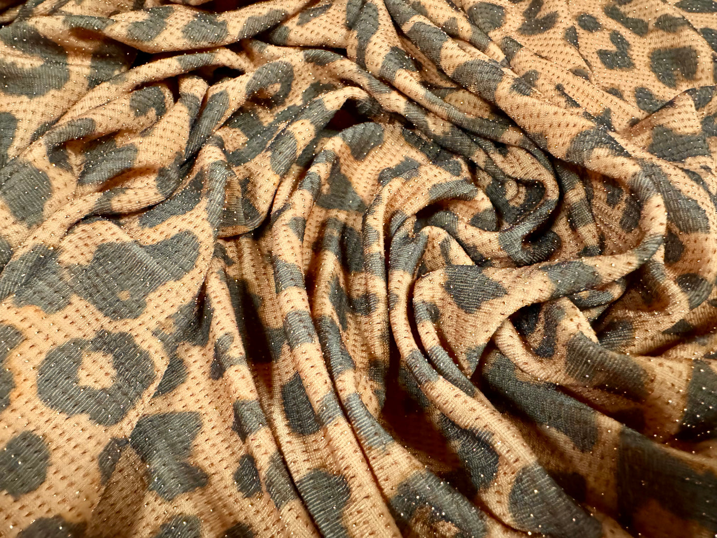 Metallic slinky spandex stretch jersey fabric with gold lurex, per metre - cheetah animal print - light brown