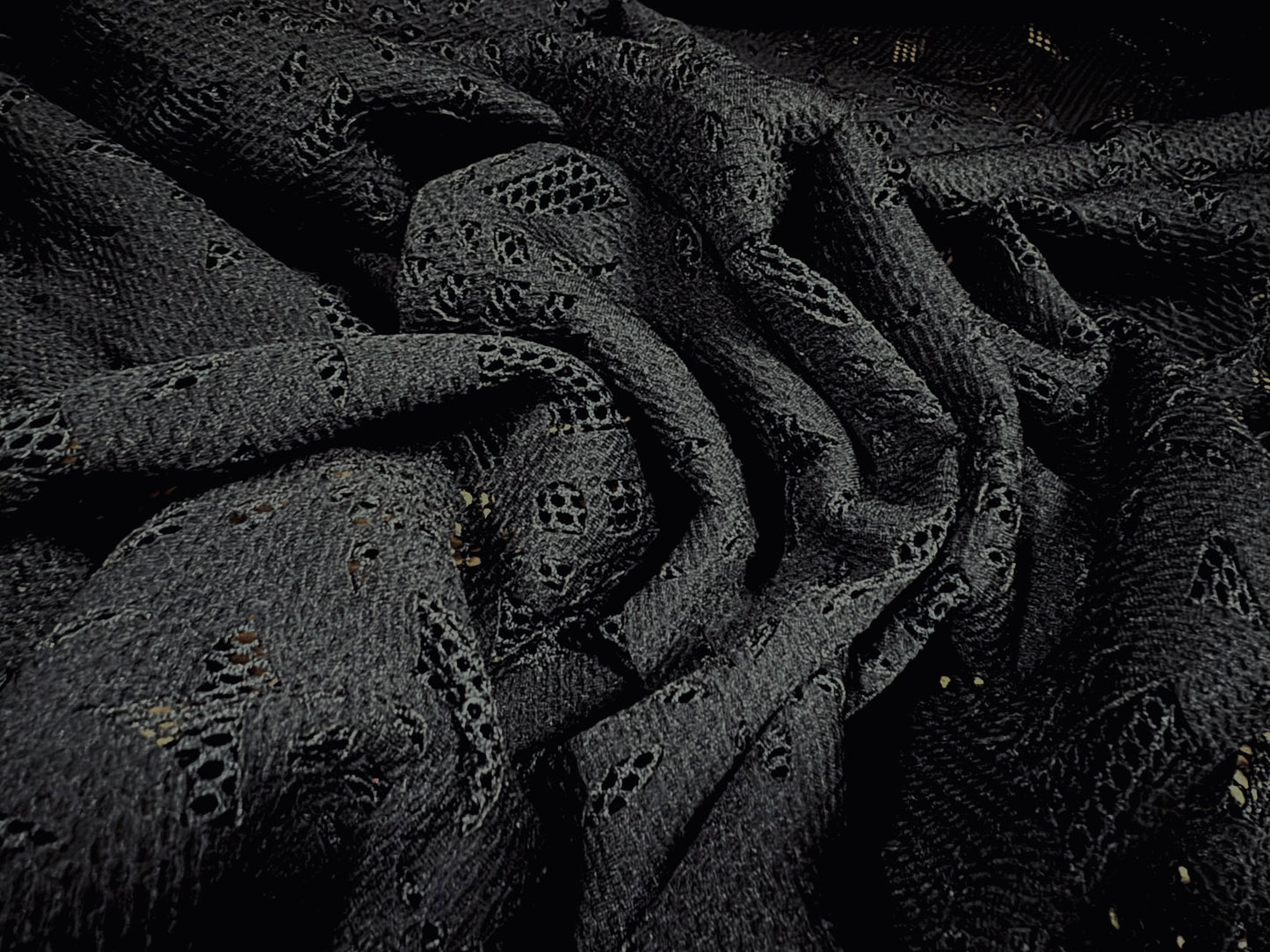 Fishnet scuba fabric with bonded floral appliqué, per metre - flower design - black