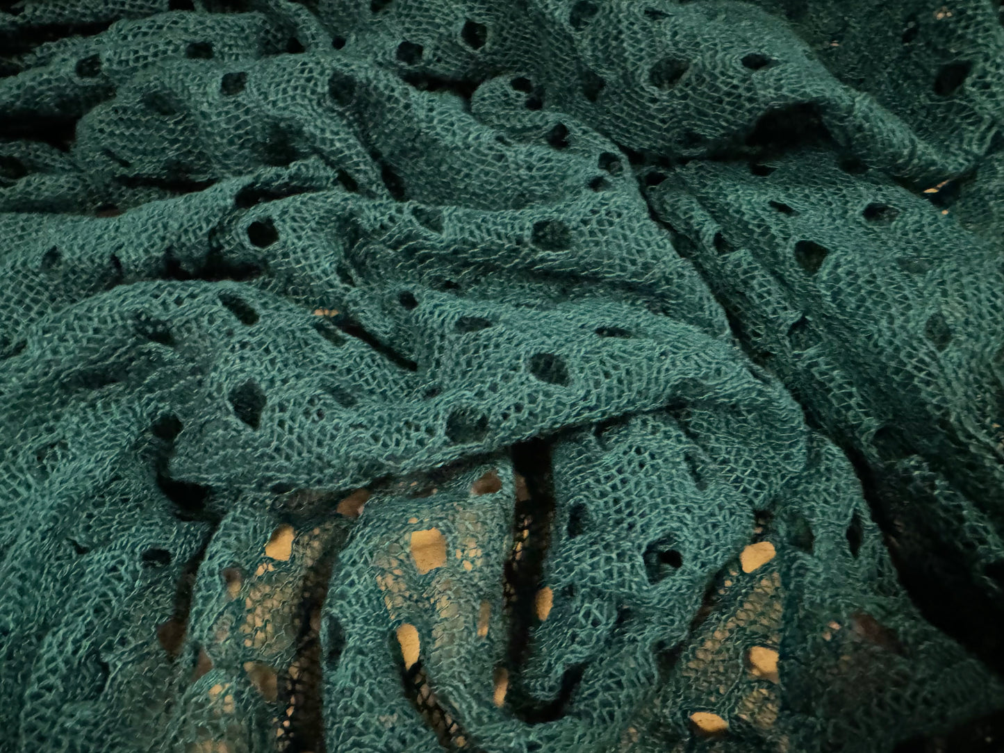 Crochet knit jersey fabric, per metre - eyelet - bottle green