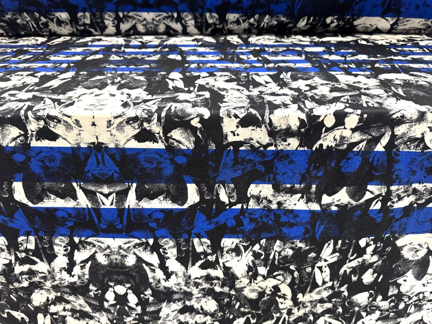 Stretch spandex interlock jersey fabric, per metre - stripes on abstract print - blue black & white