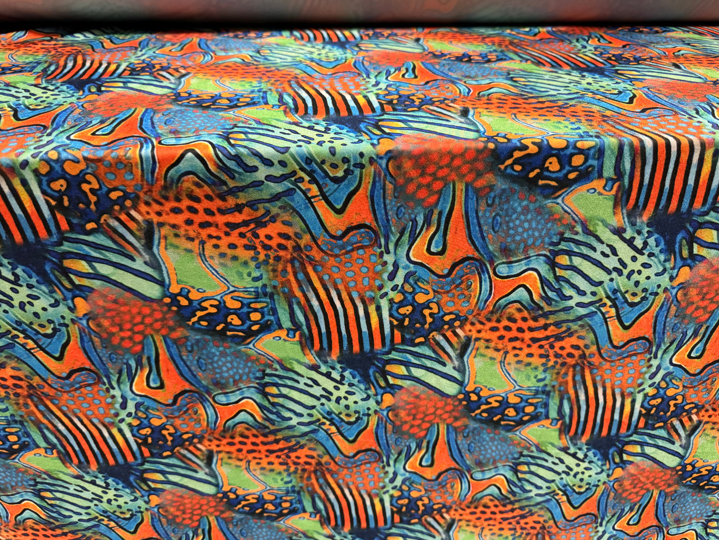 Swimwear stretch spandex jersey fabric, per metre - coral reef print - blue jade & orange