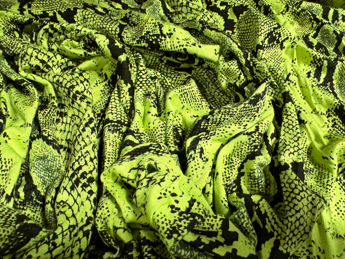 Viscose spandex stretch single jersey fabric, per metre - snakeskin animal print - lime green