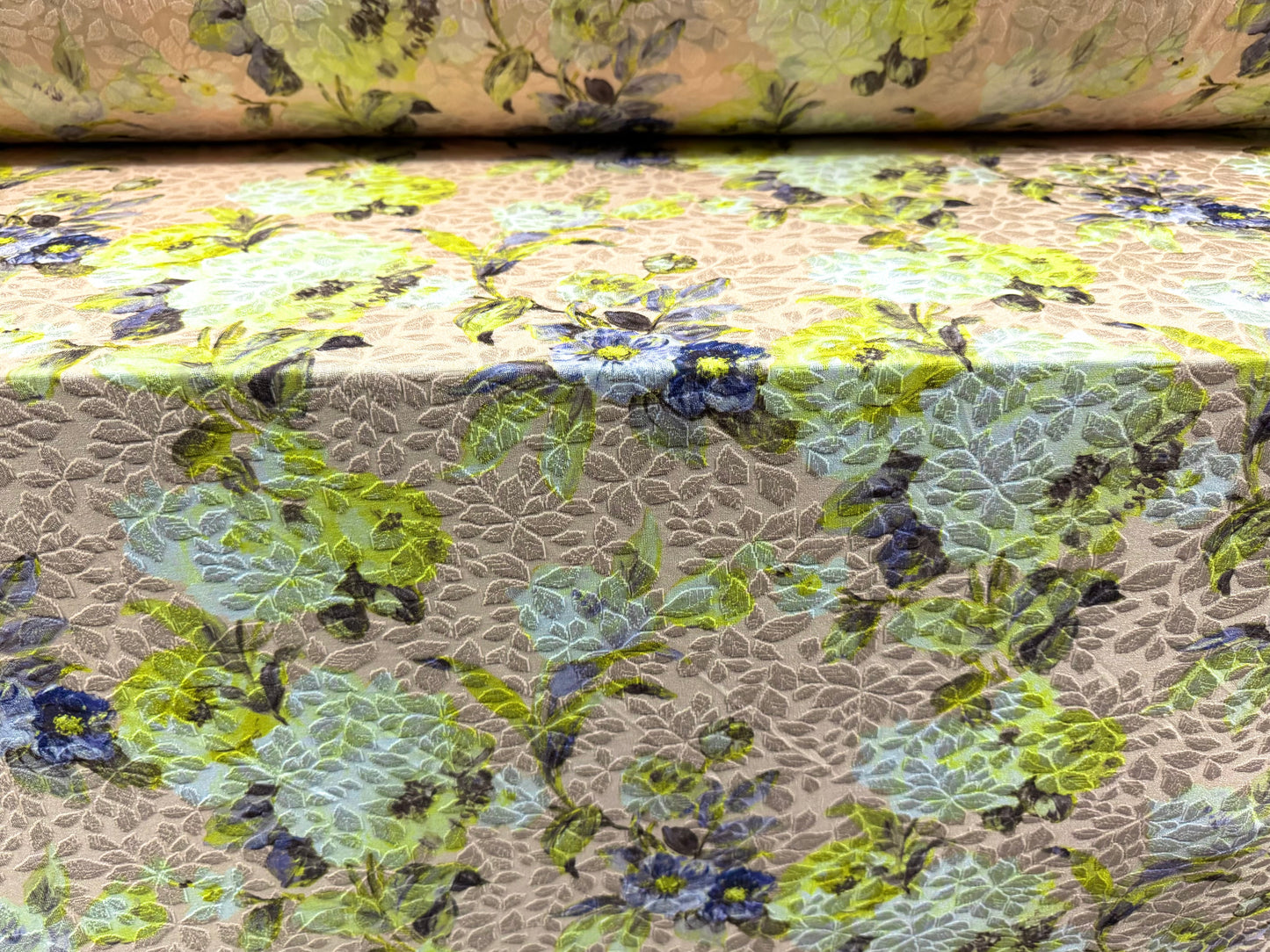 Stretch spandex jersey jacquard fabric, per metre - flower print - blush lemon & lilac