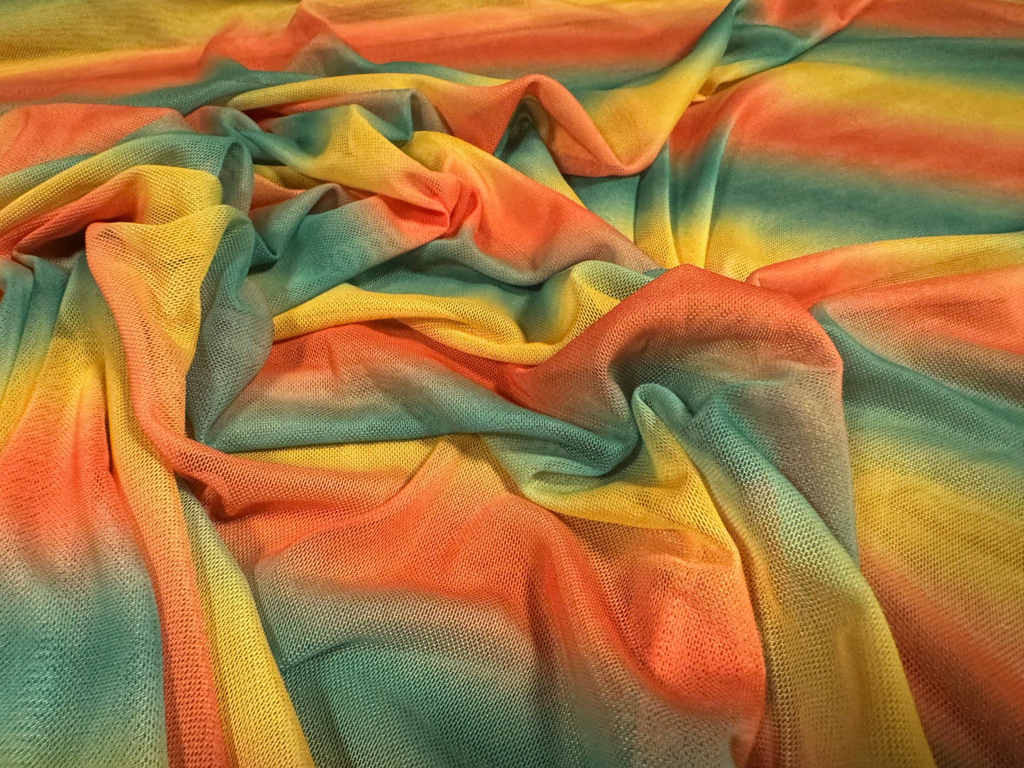 Power mesh net stretch spandex fabric, per metre - ombré stripe print - orange green & amber
