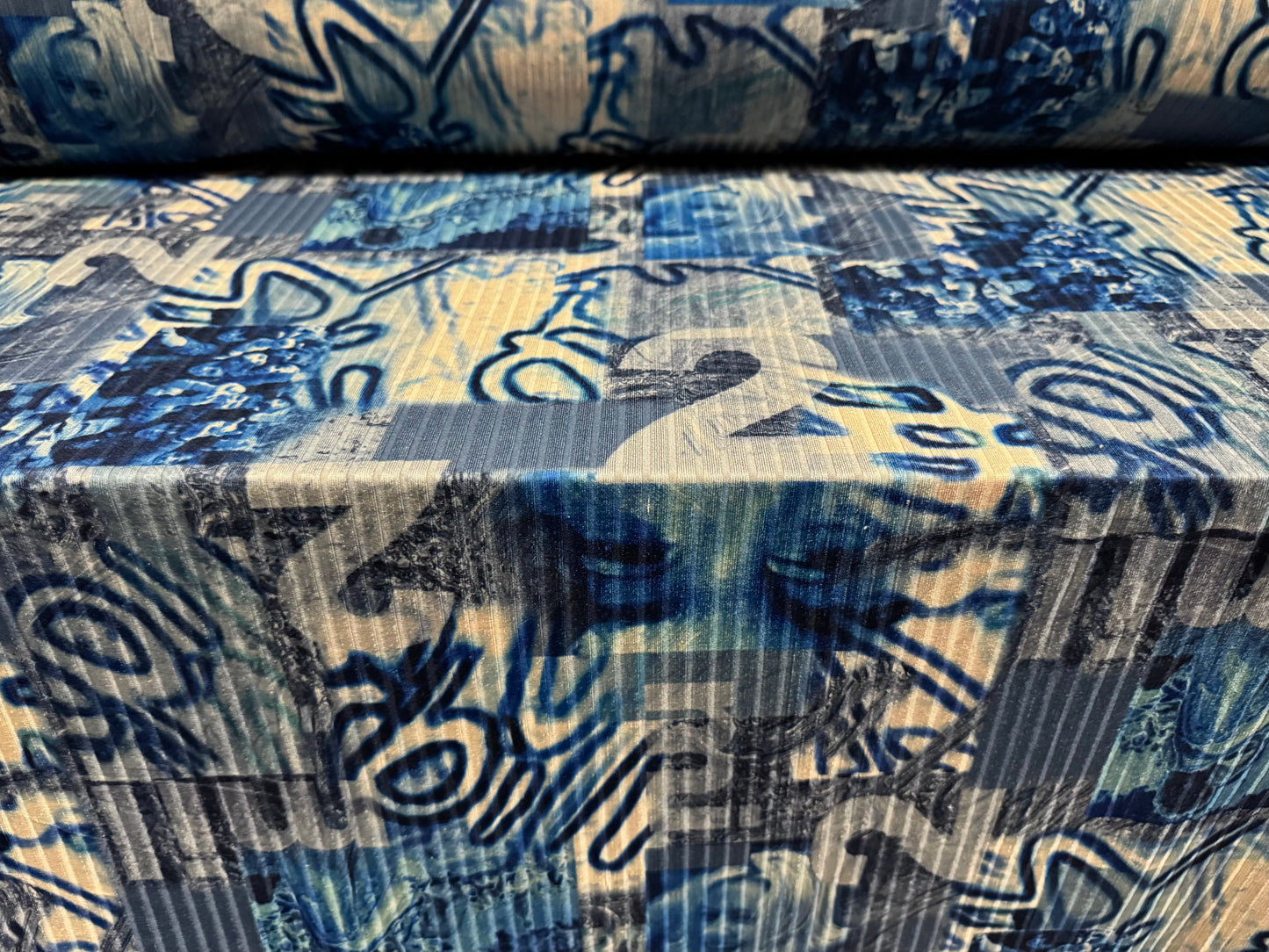 Spandex stretch rib jersey fabric, per metre - festival graffiti print - Stone & blue