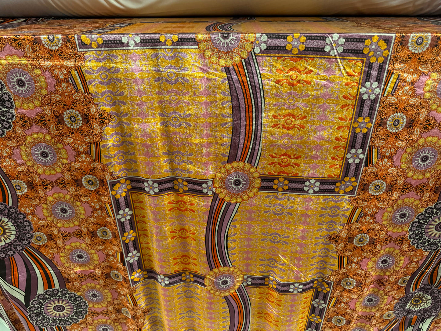 Spandex velvet stretch dress fabric, per mere - retro double border flower print - gold & pink