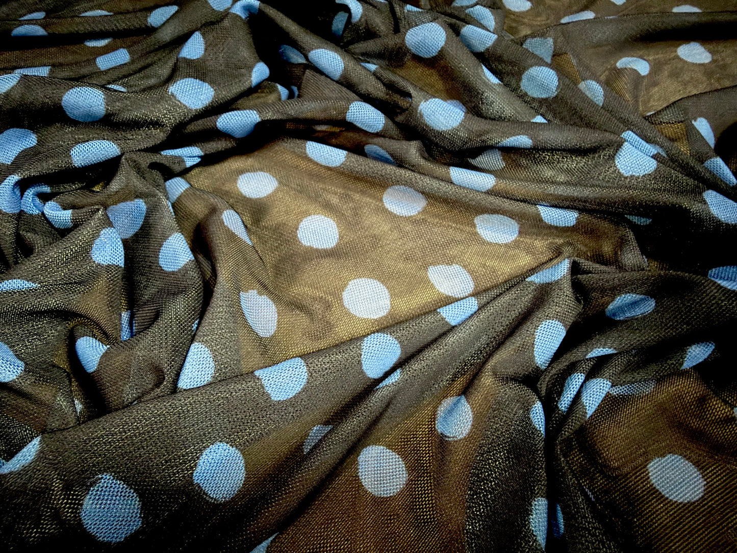 Power mesh net stretch spandex fabric, per metre - stylised polka dot print - black & blue