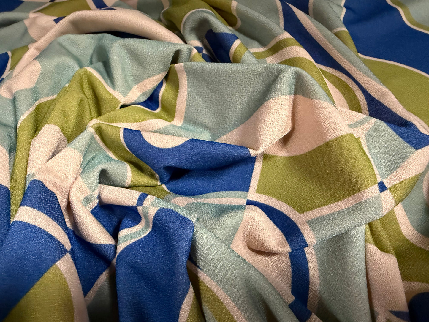 Valentino crepe stretch spandex jersey fabric, per metre - retro print - turquoise cream & sage