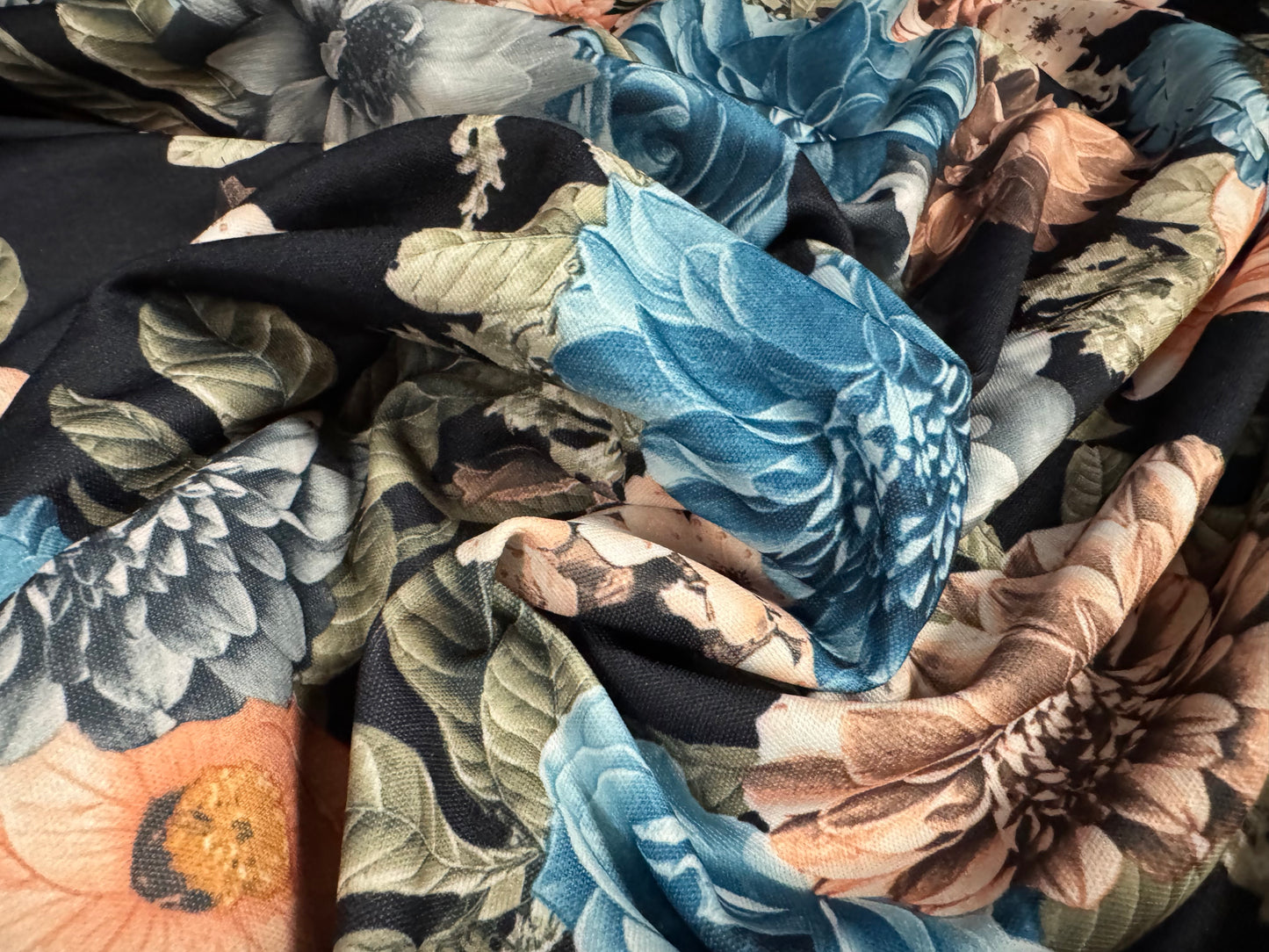 Piqué double jersey fabric, per metre - roses and carnations - black turquoise & pink