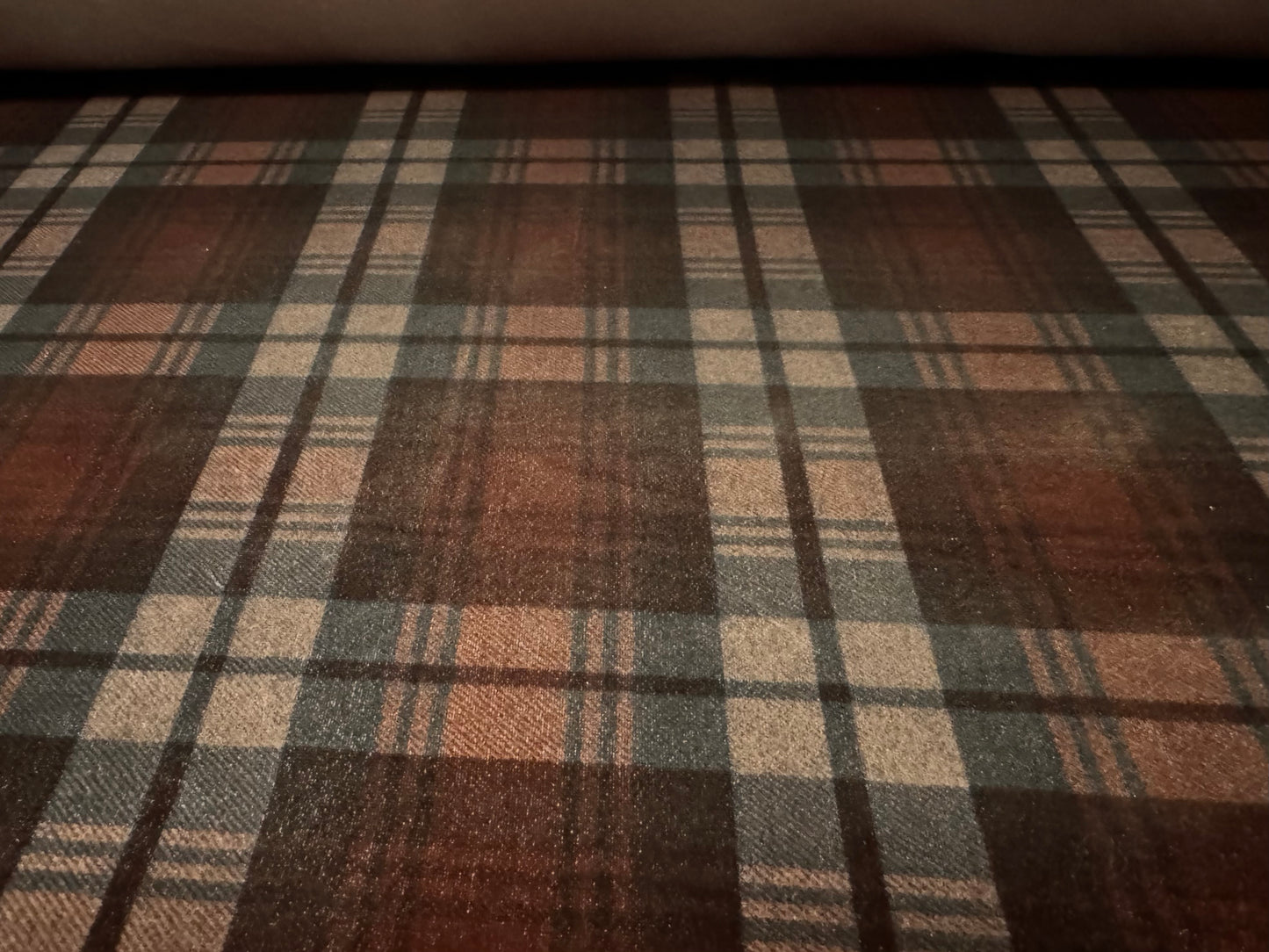 Spandex velvet stretch dress fabric, per mere - tartan check print - rust & taupe