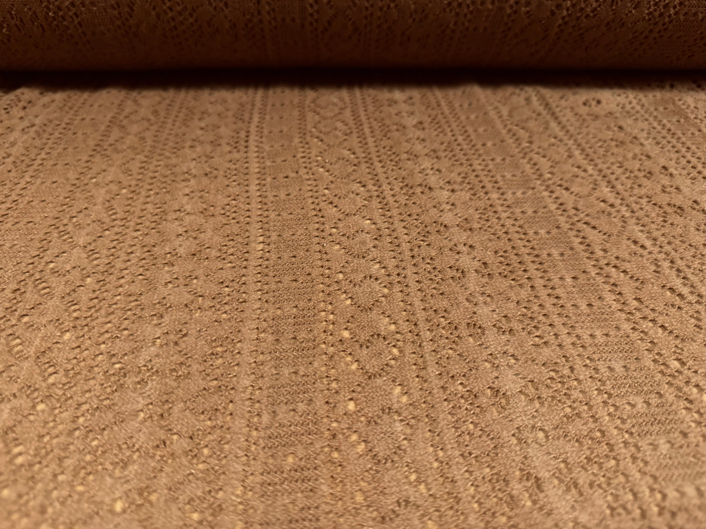 Soft handle crochet lace knit fabric, per metre - floral design - milk chocolate brown