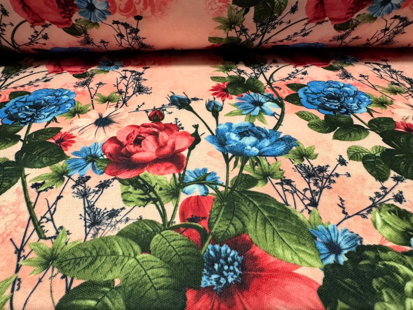 Piqué double jersey fabric, per metre - wild rose print - pink & blue