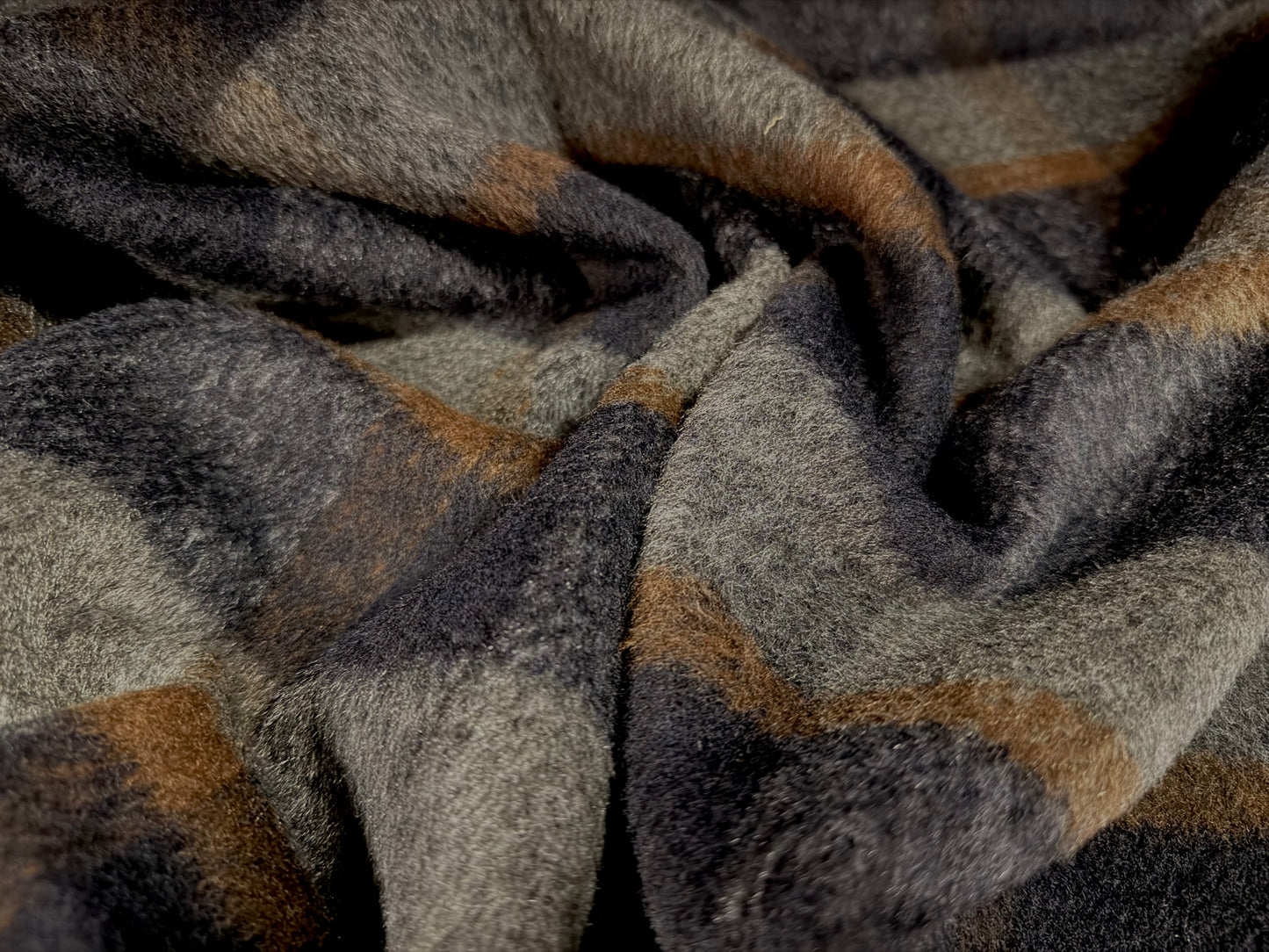 Wool faux fur fabric, per metre - plaid - midnight brown & grey
