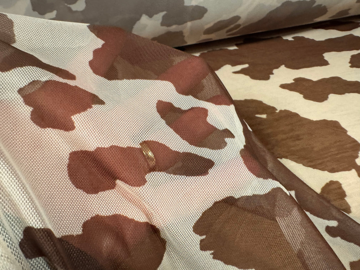 Power mesh net stretch spandex fabric, per metre - cow hide print - brown & beige