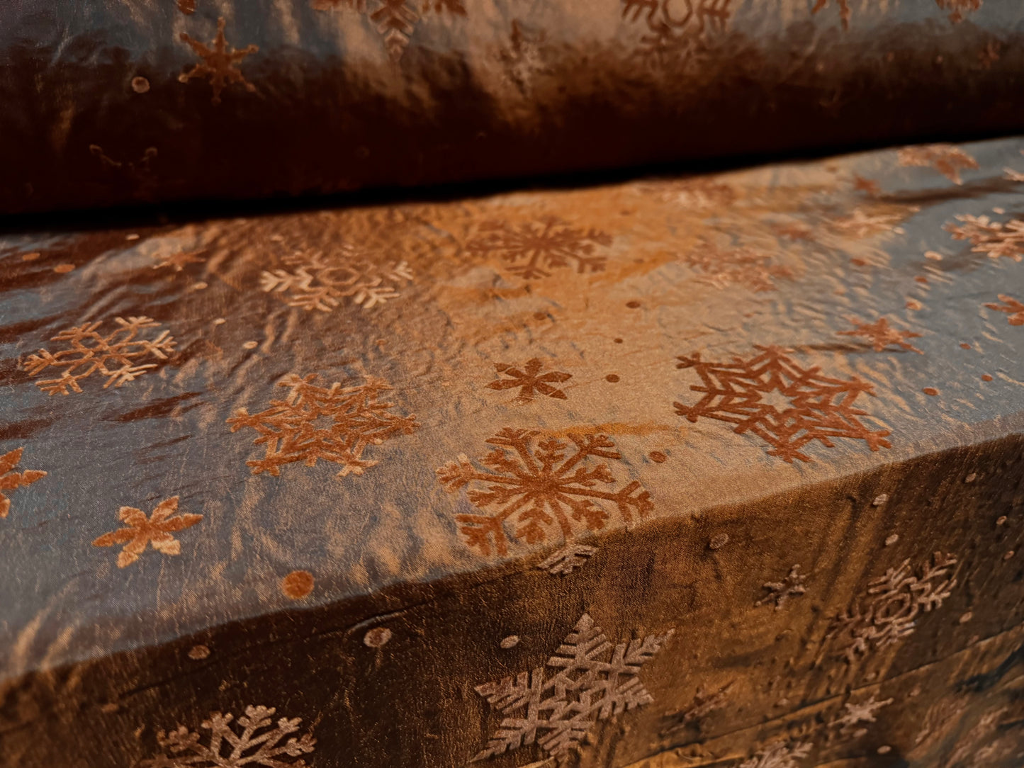 Taffeta faux silk fabric - flocked snowflake print - copper