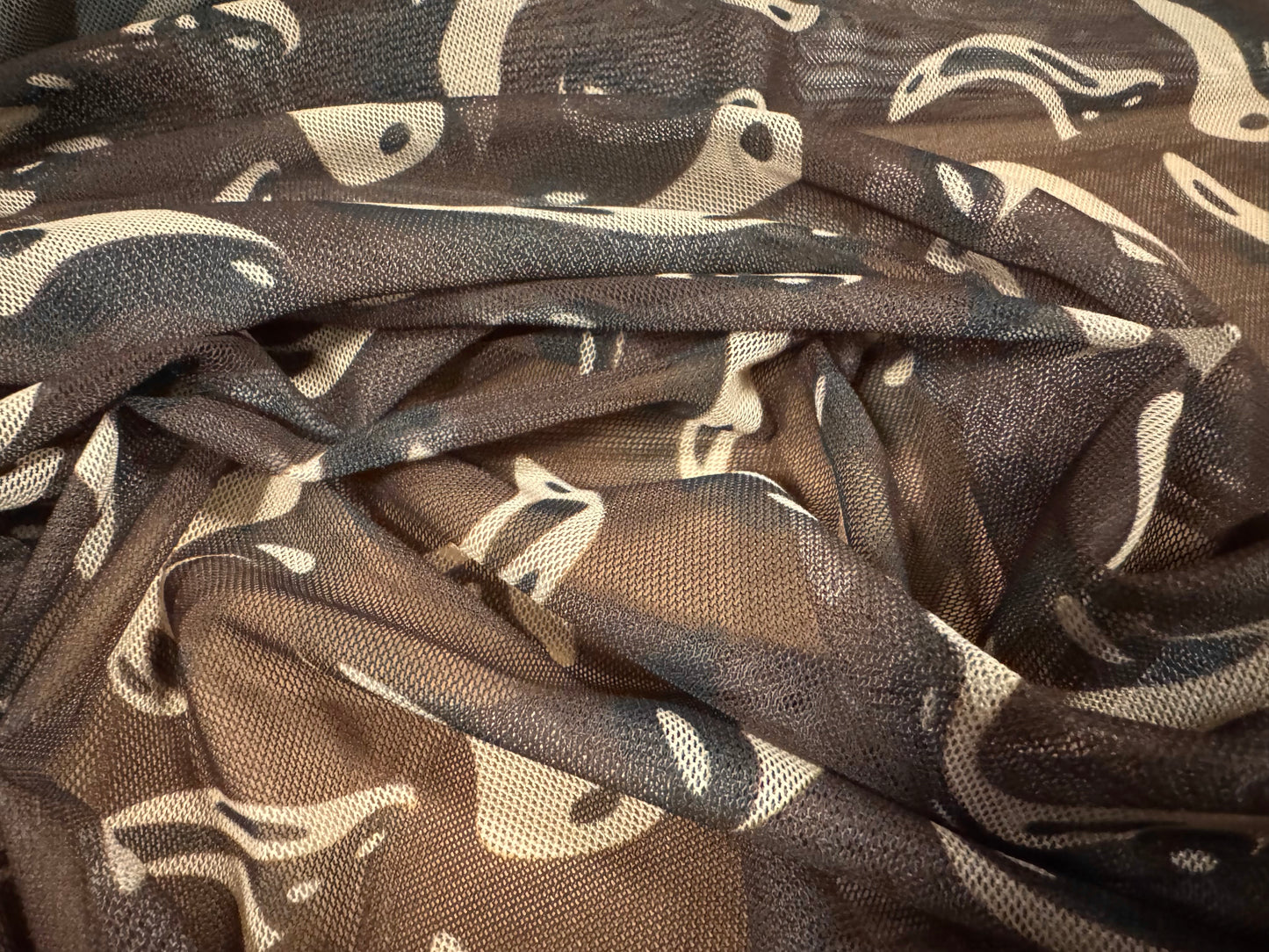 Power mesh net stretch spandex fabric, per metre - Yin & Yang print - brown