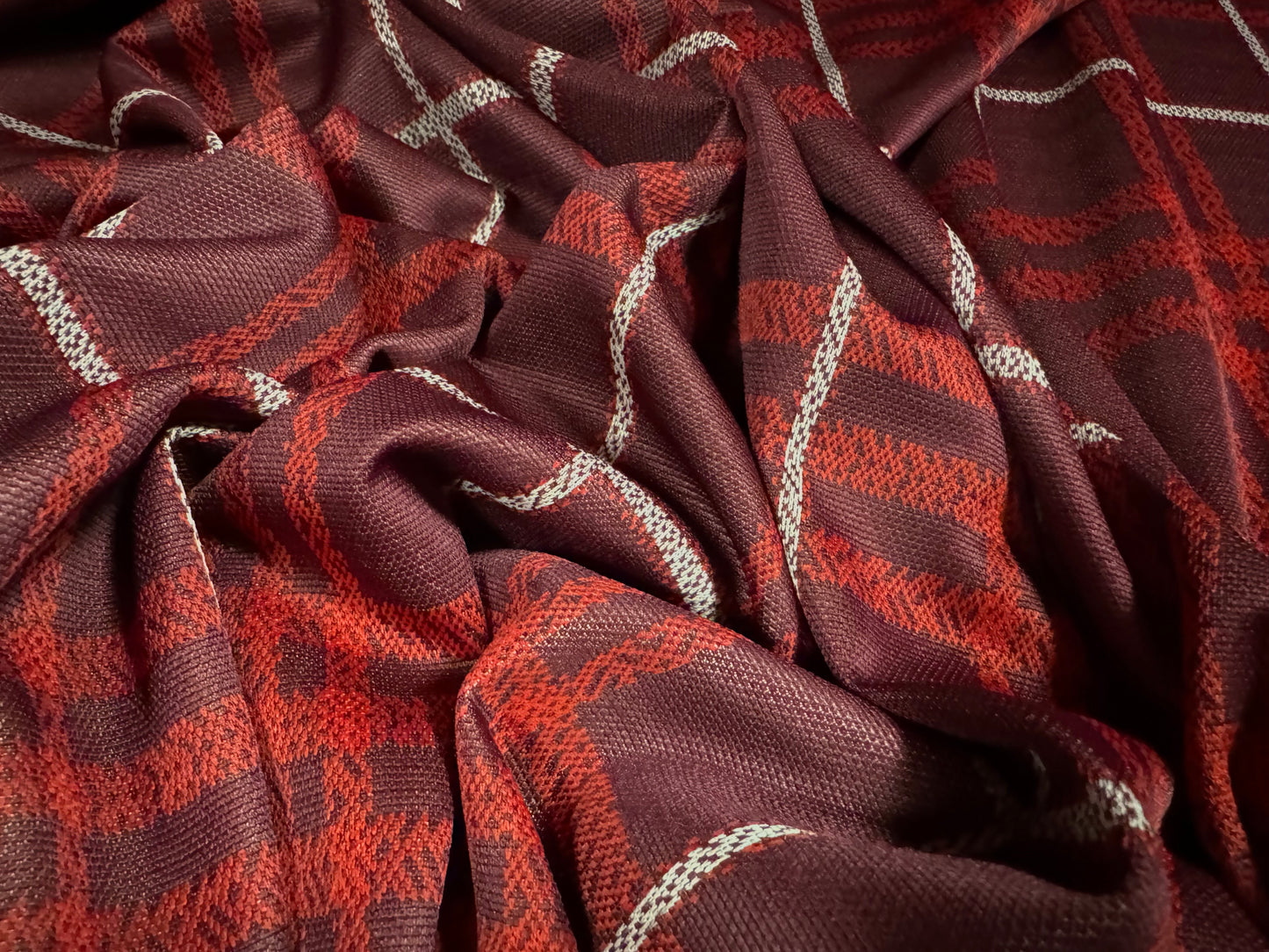 Stretch double jersey fabric, per metre - tartan check jacquard - burgundy