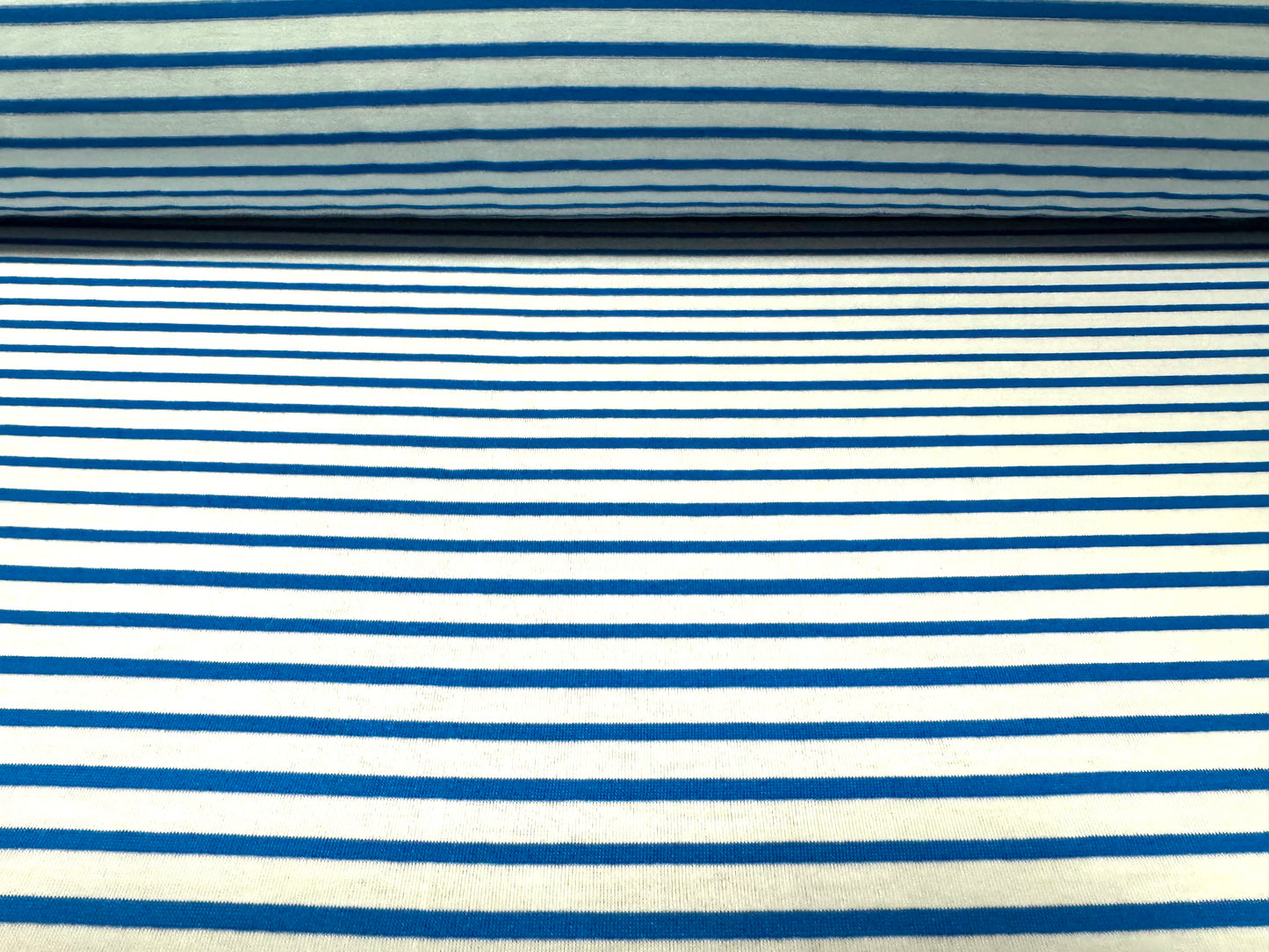 Viscose spandex stretch single jersey fabric, per metre - Breton stripe - bright blue & white
