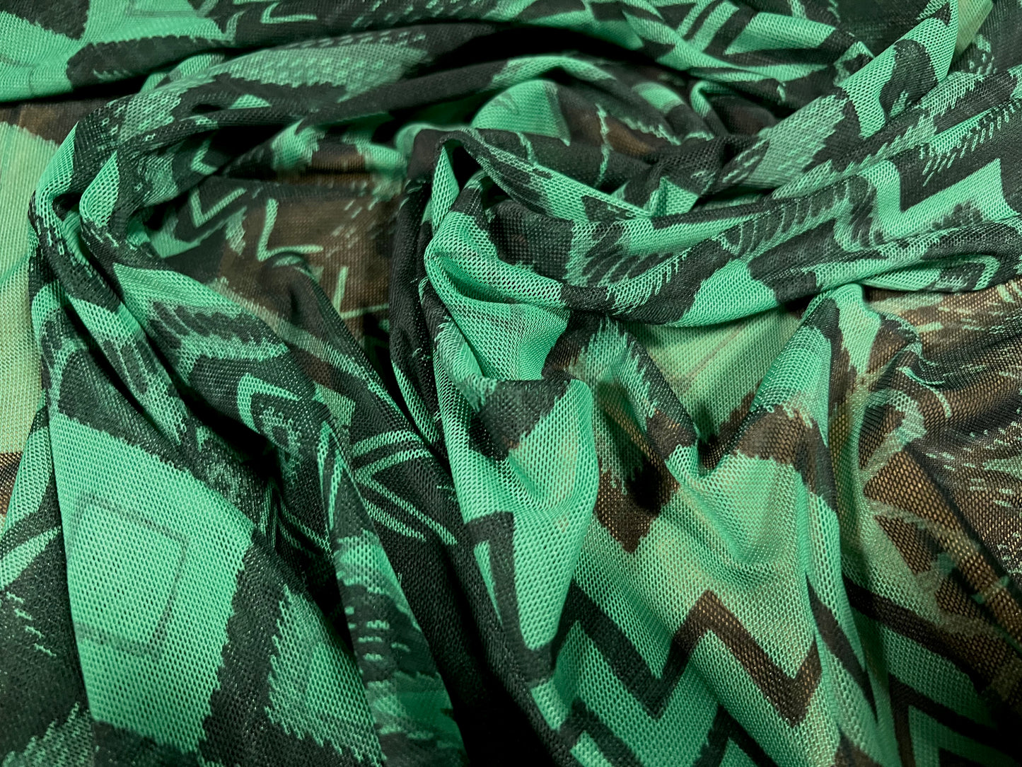 Power mesh net stretch spandex fabric, per metre - Aztec patchwork print - jade green