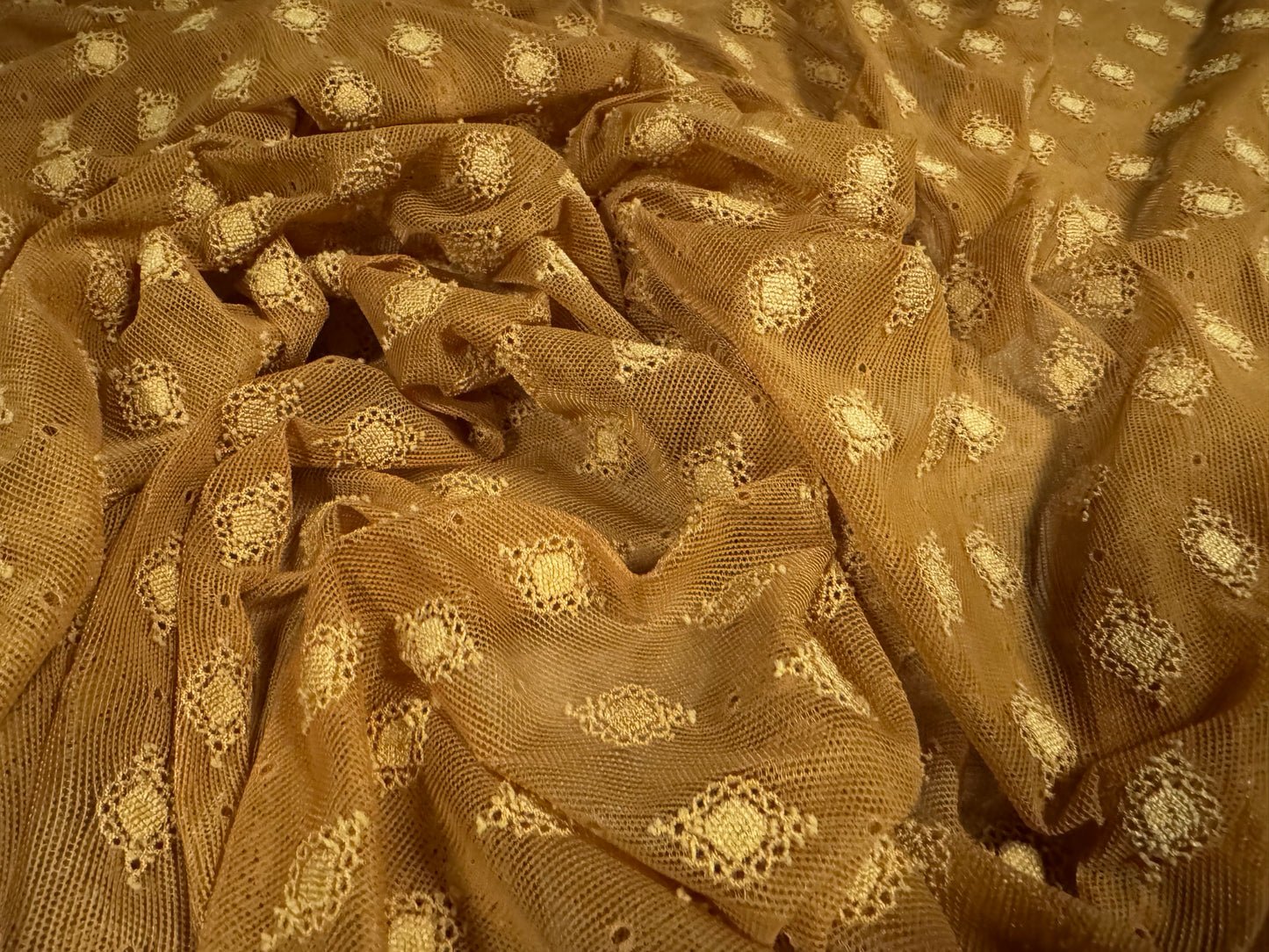 Power mesh net stretch spandex fabric, per metre - jacquard embroidery design - old gold