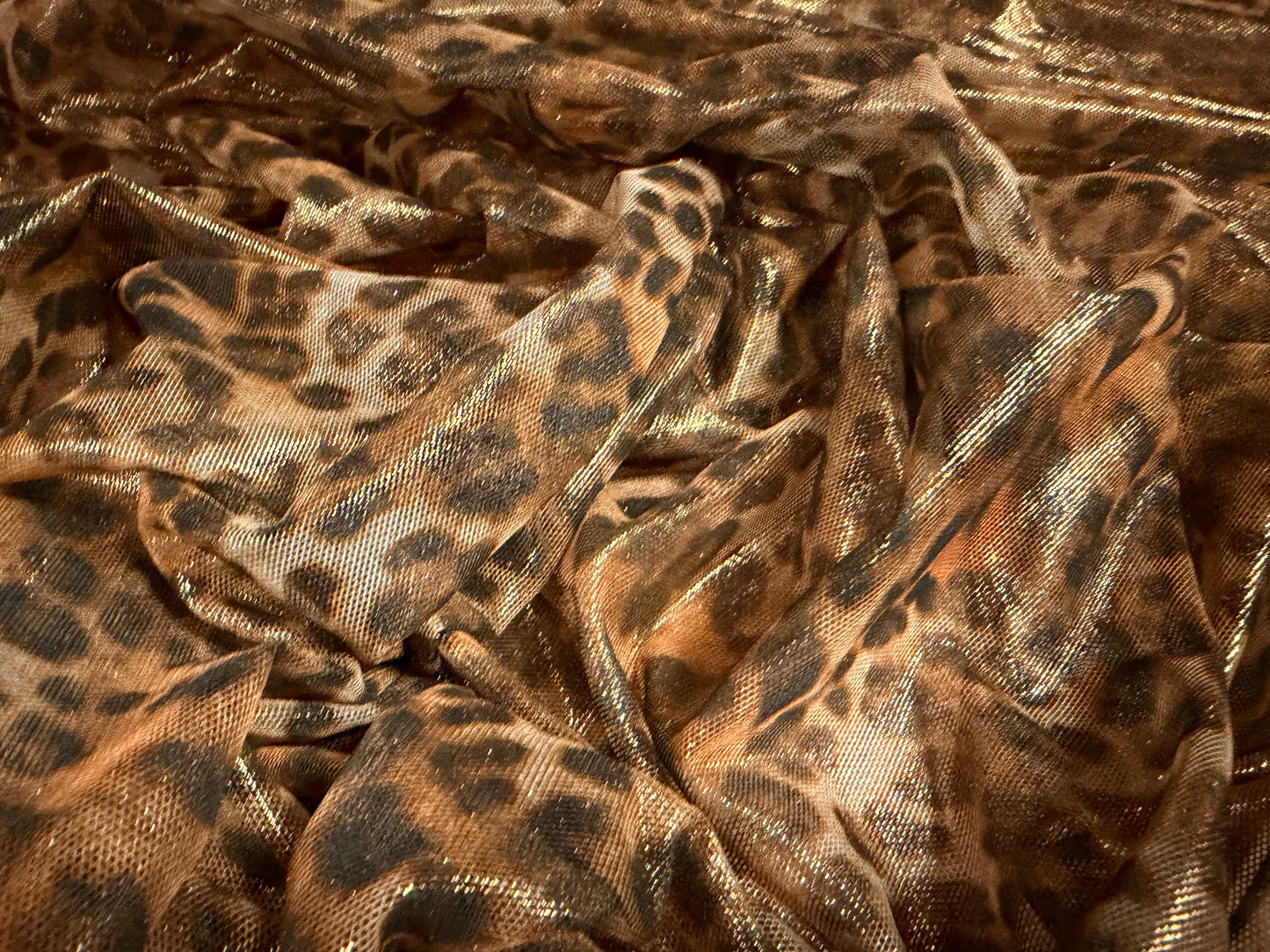 Metallic power mesh net stretch spandex fabric, per metre - leopard animal print - brown & gold