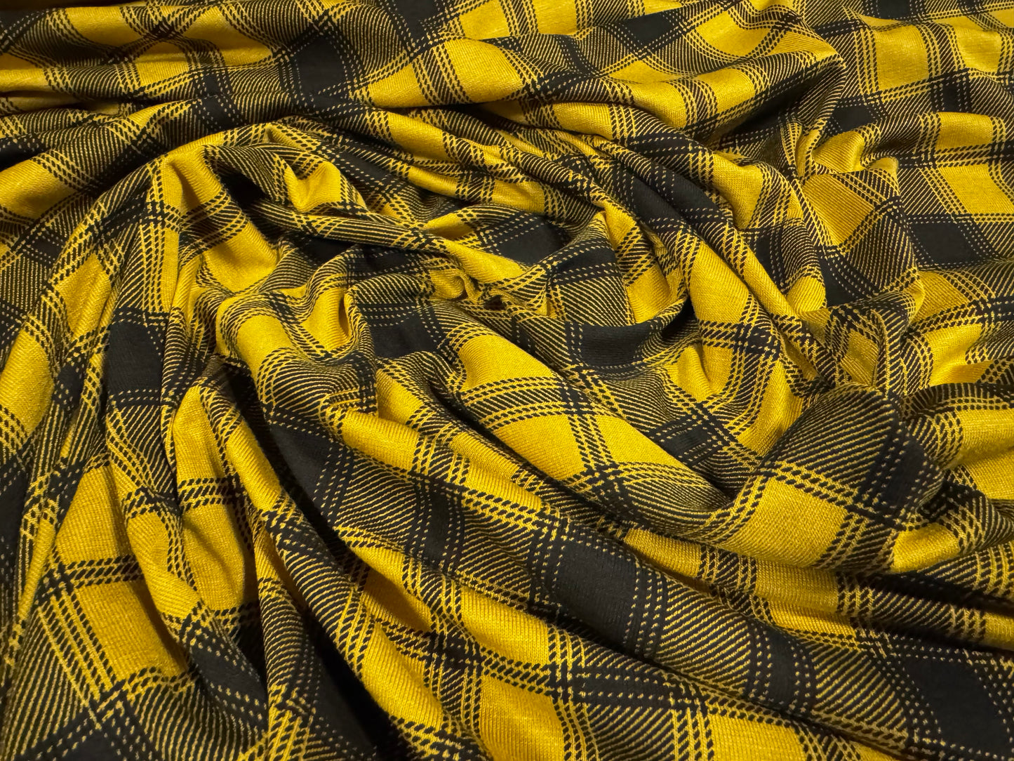 Viscose spandex stretch single jersey fabric, per metre - tartan check plaid - mustard & black