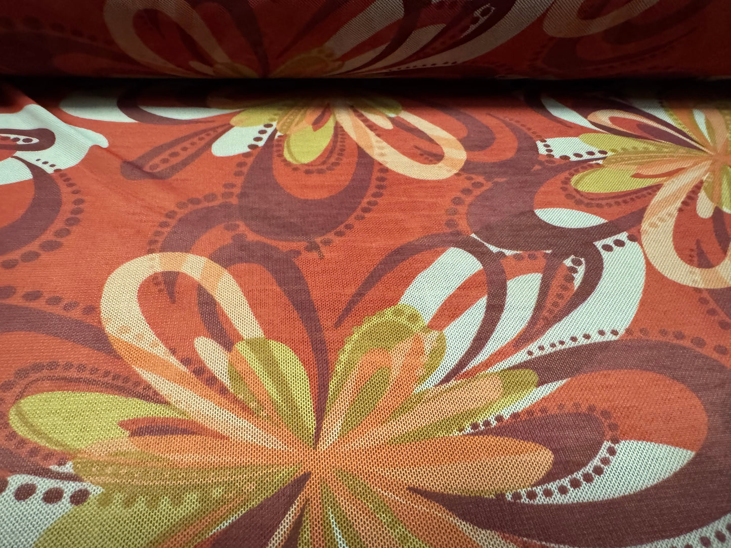 Power mesh net stretch spandex fabric, per metre - retro floral print - burnt orange