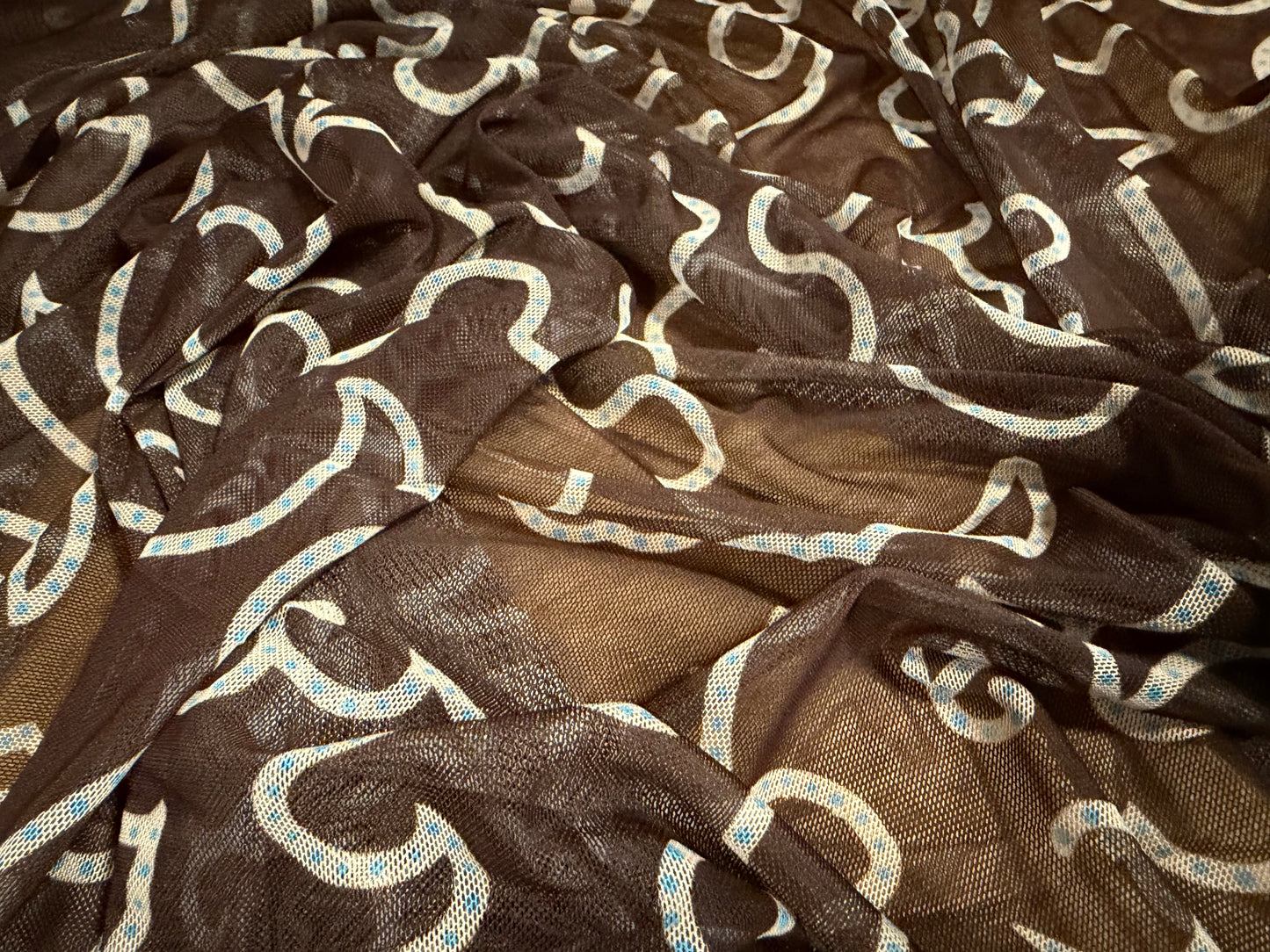 Power mesh net stretch spandex fabric, per metre - abstract print - brown cream & turquoise