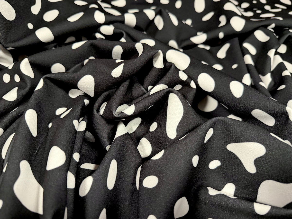 Scuba crepe stretch double jersey fabric, per metre - blob print - black & white