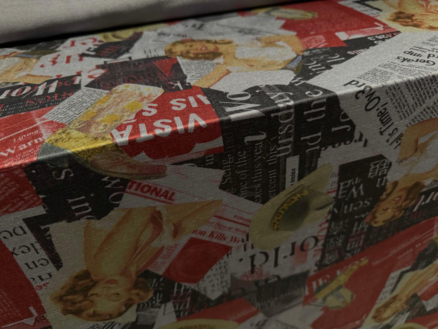 Finely textured stretch single jersey fashion fabric, per metre - Marilyn Monroe Hollywood Headlines print - grey & red