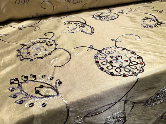 Taffeta faux silk fabric, per metre - floral embroidery with sequins - pale gold