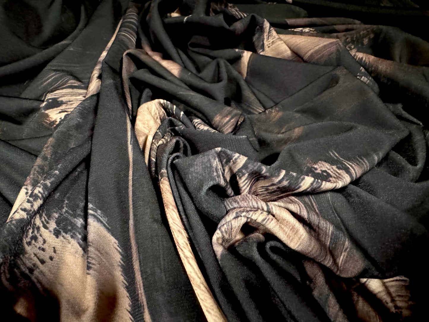 ITY stretch spandex single jersey fabric, per metre - brushstrokes print - black & tan