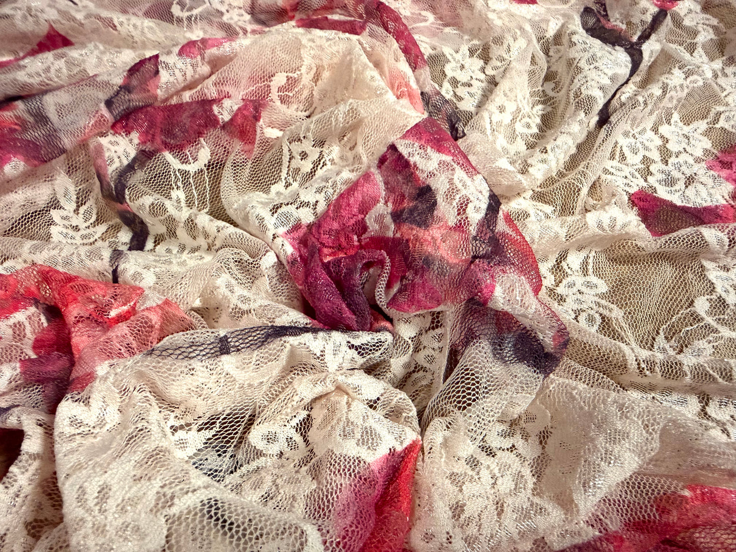 Stretch spandex mesh lace fabric, per metre - Iris floral print - blush pink