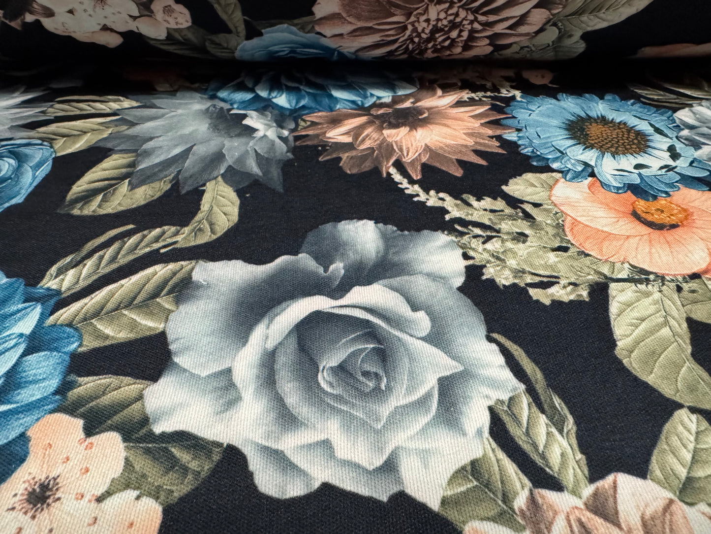 Piqué double jersey fabric, per metre - roses and carnations - black turquoise & pink